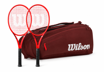 2x Wilson Defyer 98 Pro V1 Turnierschläger - unbesaitet + Wilson Defyer V1 15er Schlägertasche - weinrot